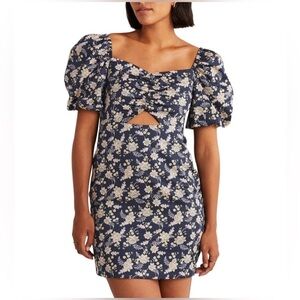 Boden Navy Blue Floral Cut Out Puff Sleeve Mini Dress 6R EUC